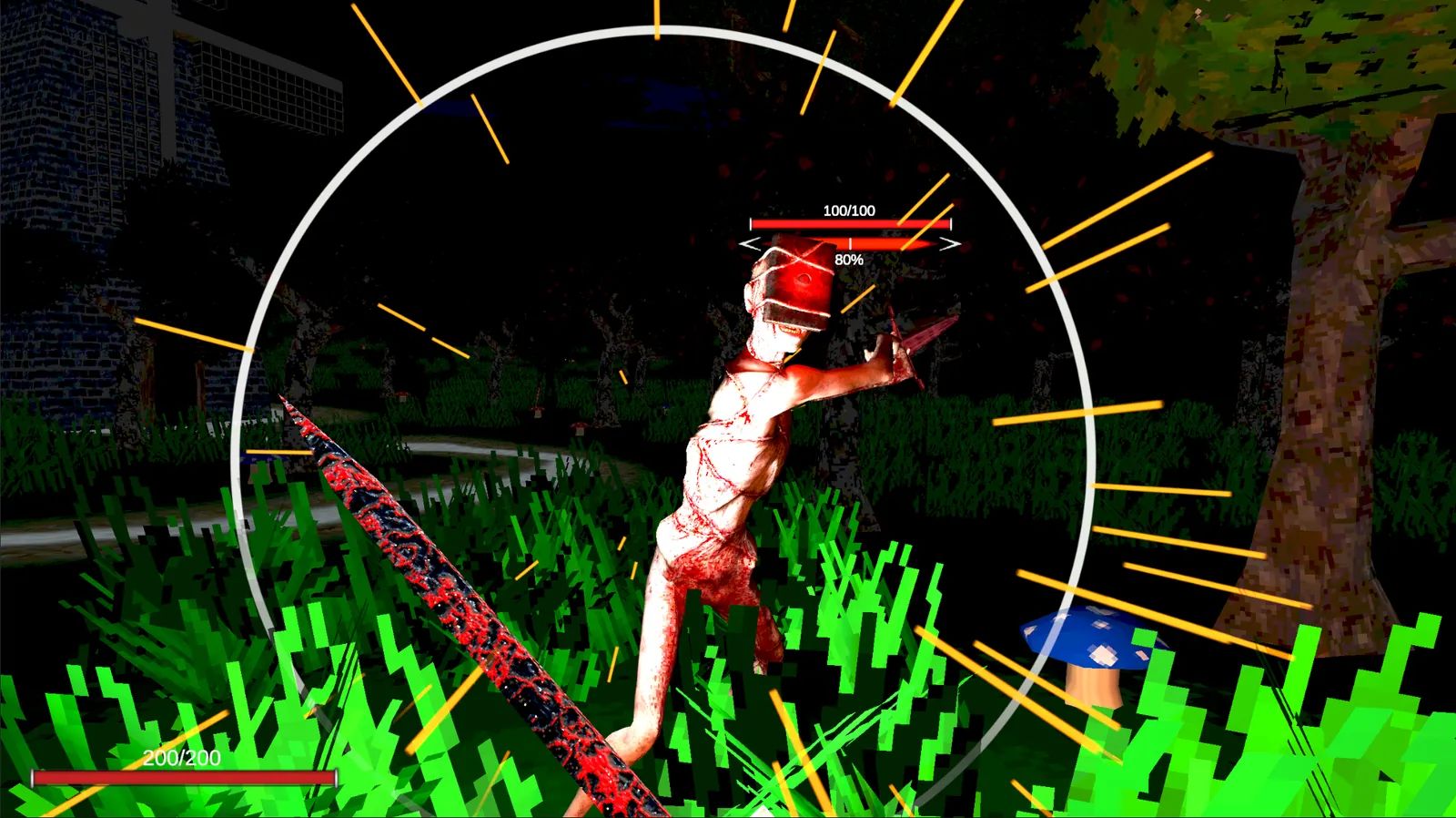 Combat dans Blood Sword : l’épée décrit un arc vers un ennemi, dans un décor 3D low poly.