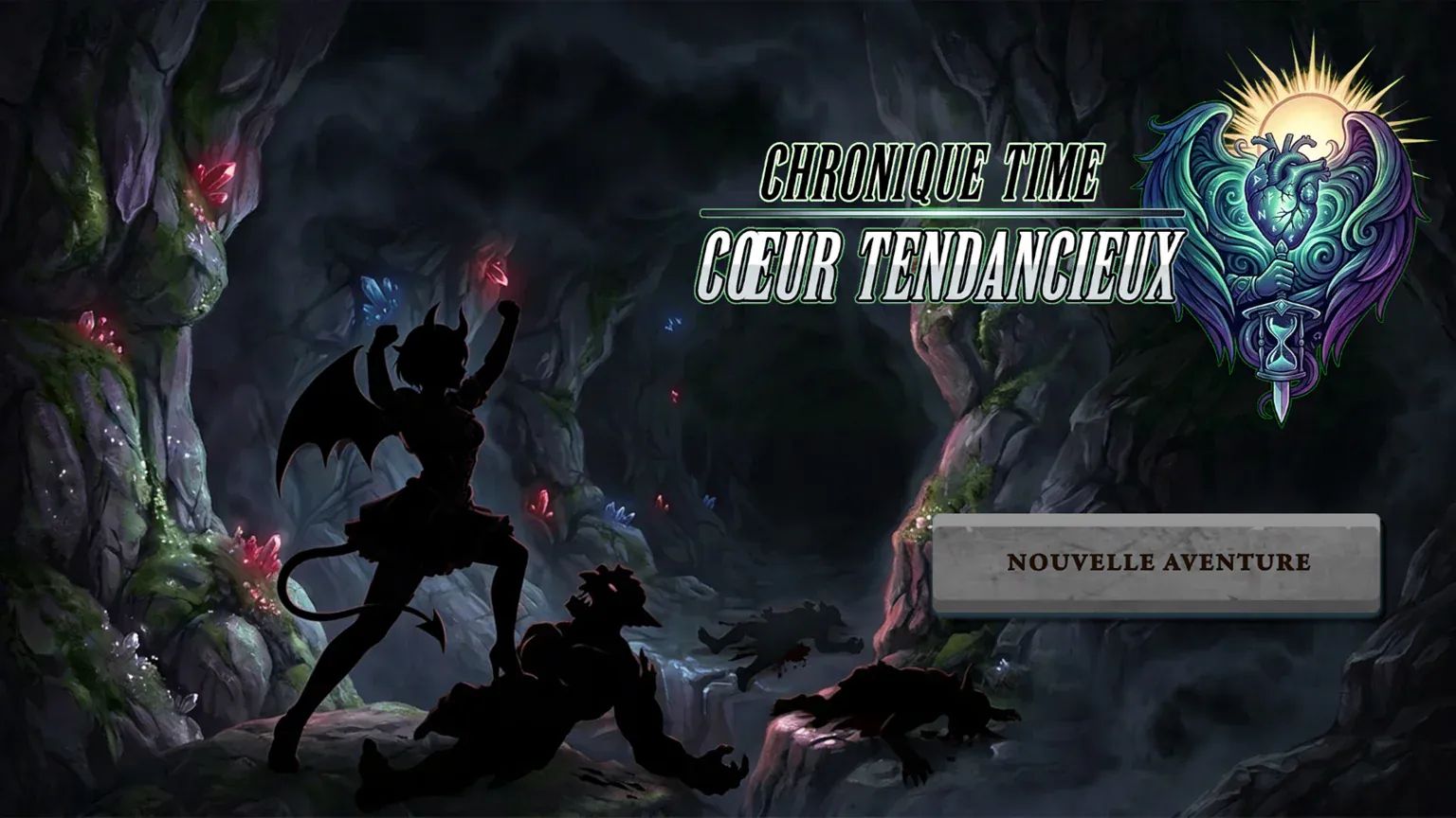 Écran-titre de Chroniques oubliées — Cœur tendancieux, avec le bouton « Nouvelle aventure ».
