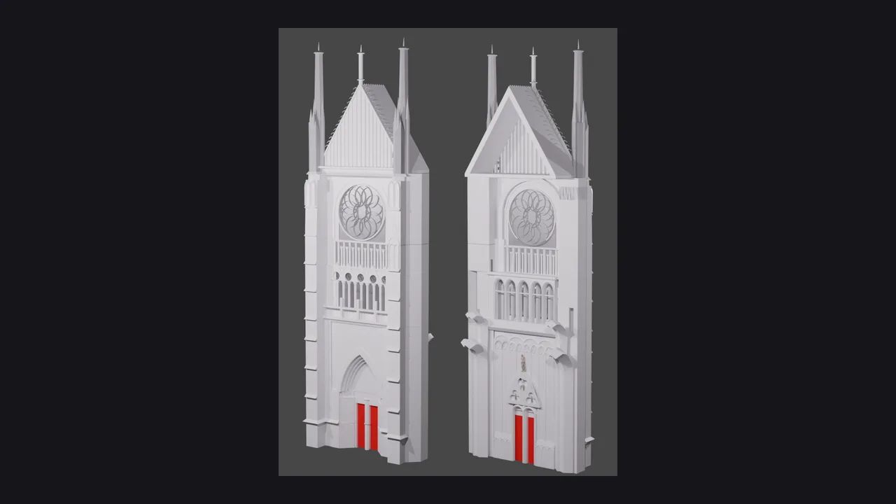 Deux rendus 3D du mur du transept sud côte à côte : à gauche la façade, à droite la face intérieure, avec la rosace et le portail.