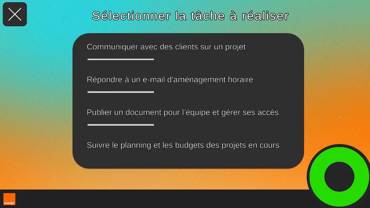 Écran « Sélectionner la tâche à réaliser » : quatre tâches de manager proposées.