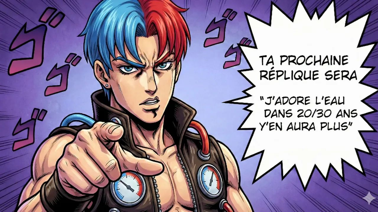 Cinématique : un personnage pointe du doigt, bulle de dialogue dans le style de JoJo’s Bizarre Adventure.