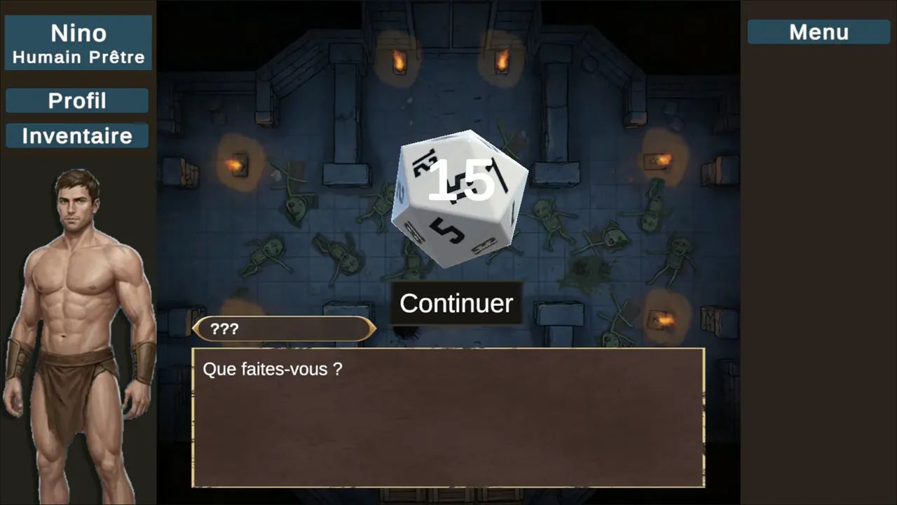 Jet de dé à vingt faces pendant une scène de dialogue.